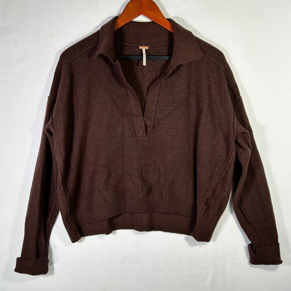 Free People Brown Wool Blend V-Neck Collared Knit Sweater OB1758463 Medium